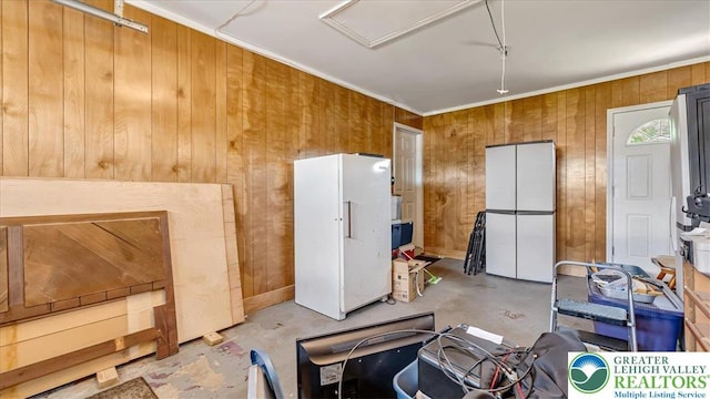 2934 Keystone St, Bethlehem Twp, PA 18020 - misc room featuring wood walls, crown molding, and unfinished concrete floors