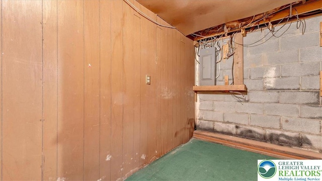 2934 Keystone St, Bethlehem Twp, PA 18020 - unfinished basement featuring electric panel, concrete block wall, and wood walls