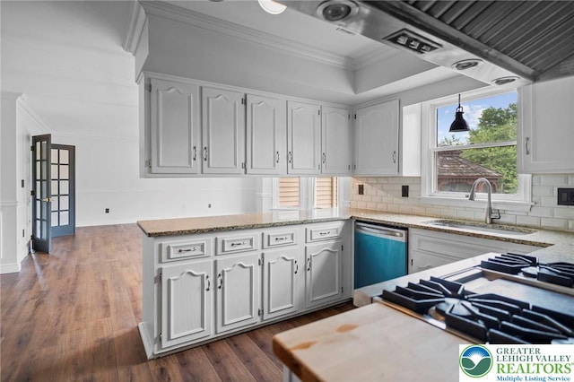 5753 Shady Ln, Plainfield Twp, PA 18064 - kitchen with dishwashing machine, a sink, ornamental molding, dark wood finished floors, and light stone counters