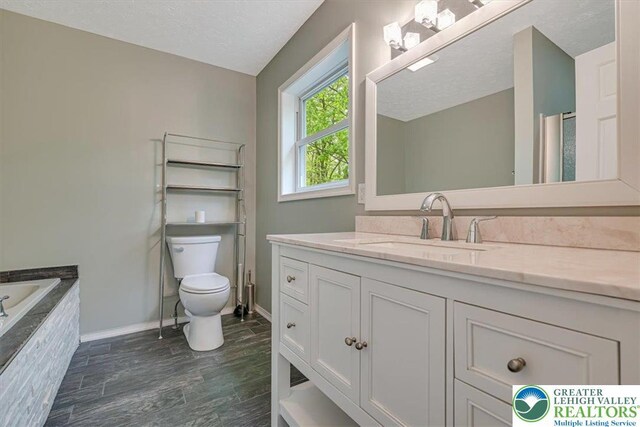 2330 Burntwood Dr, East Stroudsburg, PA 18301 - full bathroom featuring vanity, wood finished floors, a garden tub, and a textured ceiling