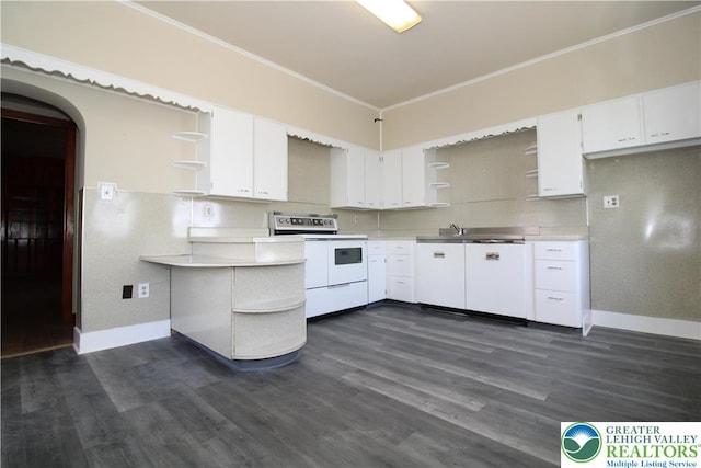 1171 E 4th St, Bethlehem City, PA 18015 - kitchen featuring open shelves, electric stove, baseboards, and ornamental molding