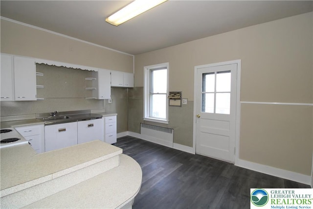 1171 E 4th St, Bethlehem City, PA 18015 - kitchen featuring radiator heating unit, open shelves, baseboards, dark wood-style floors, and white cabinets