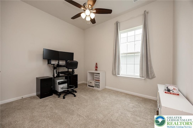 7911 Schaefer Crst, Upper Macungie Twp, PA 18031 - office area with healthy amount of natural light, a ceiling fan, carpet floors, and baseboards