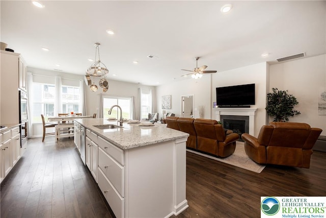 7911 Schaefer Crst, Upper Macungie Twp, PA 18031 - kitchen featuring a sink, white cabinetry, a fireplace, dark wood-style floors, and recessed lighting