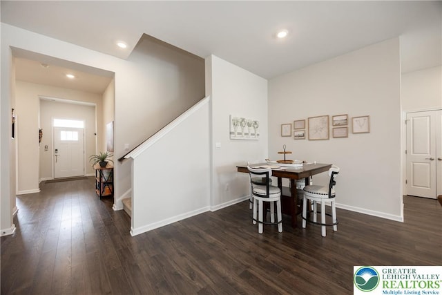 7911 Schaefer Crst, Upper Macungie Twp, PA 18031 - dining space with stairs, dark wood-type flooring, baseboards, and recessed lighting