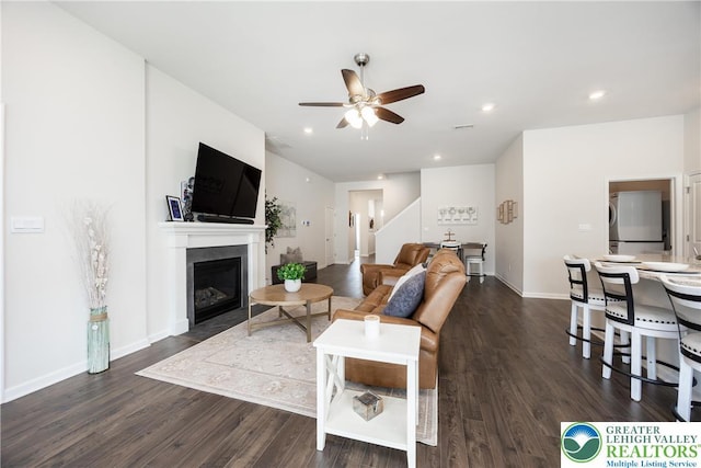 7911 Schaefer Crst, Upper Macungie Twp, PA 18031 - living area featuring ceiling fan, dark wood finished floors, a fireplace with flush hearth, recessed lighting, and baseboards