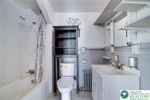 735 Beaver Run Dr, Mahoning Township, PA 18235 - full bath featuring radiator heating unit, vanity, toilet, shower / bath combination with curtain, and tile patterned flooring