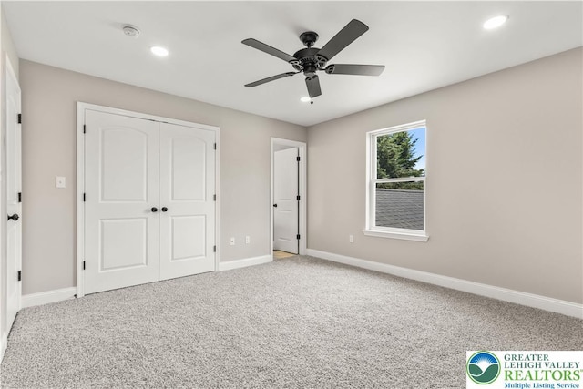 721 7th St, Whitehall Twp, PA 18052 - unfurnished bedroom featuring carpet, baseboards, a closet, recessed lighting, and a ceiling fan