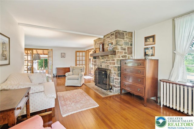 1132 Upperstump Rd, Hilltown Twp, PA 18914 - living room featuring radiator heating unit, plenty of natural light, wood finished floors, and a fireplace