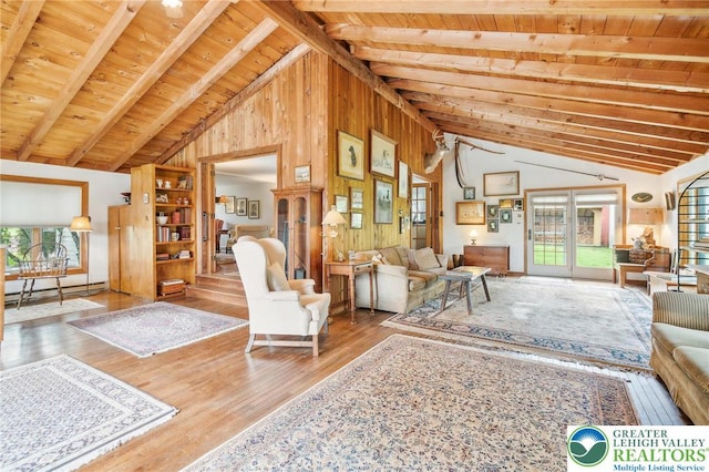1132 Upperstump Rd, Hilltown Twp, PA 18914 - living area featuring wood ceiling, healthy amount of natural light, wood finished floors, and wooden walls