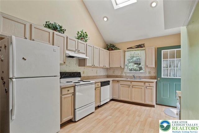 8077 Cross Creek Cir, Upper Macungie Twp, PA 18031 - kitchen featuring white appliances, under cabinet range hood, light brown cabinets, recessed lighting, and high vaulted ceiling