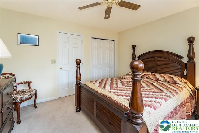 234 Venetian Dr, Forks Twp, PA 18040 - bedroom with light colored carpet, baseboards, a closet, and ceiling fan