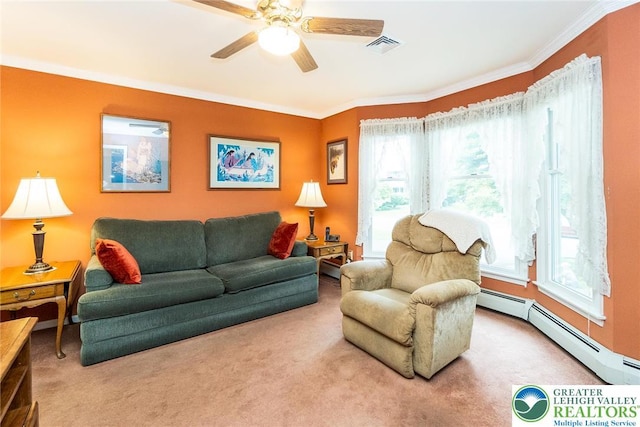 234 Venetian Dr, Forks Twp, PA 18040 - carpeted living room featuring a baseboard radiator, crown molding, and ceiling fan