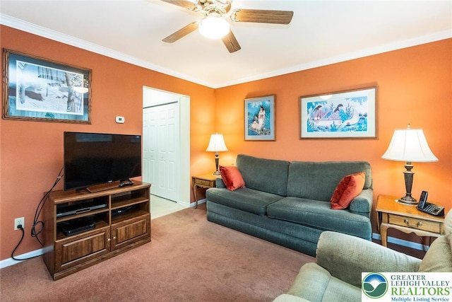 234 Venetian Dr, Forks Twp, PA 18040 - carpeted living room featuring ceiling fan, ornamental molding, and baseboards