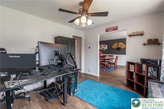 1411 Howard Ln, Palmer Twp, PA 18045 - office area featuring ceiling fan, wood finished floors, and baseboards