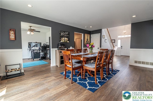 1411 Howard Ln, Palmer Twp, PA 18045 - dining space featuring wood finished floors, ceiling fan, recessed lighting, and a desk
