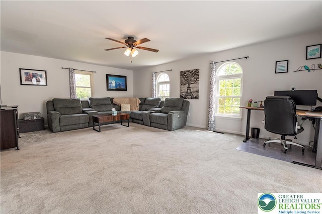 1411 Howard Ln, Palmer Twp, PA 18045 - living room featuring a ceiling fan, plenty of natural light, carpet flooring, and an office area