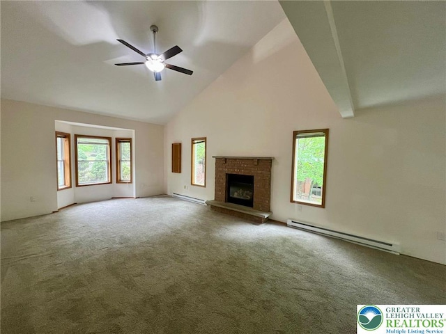 133 Summerton Cir, Stroud Twp, PA 18301 - unfurnished living room featuring a baseboard radiator, ceiling fan, healthy amount of natural light, and high vaulted ceiling