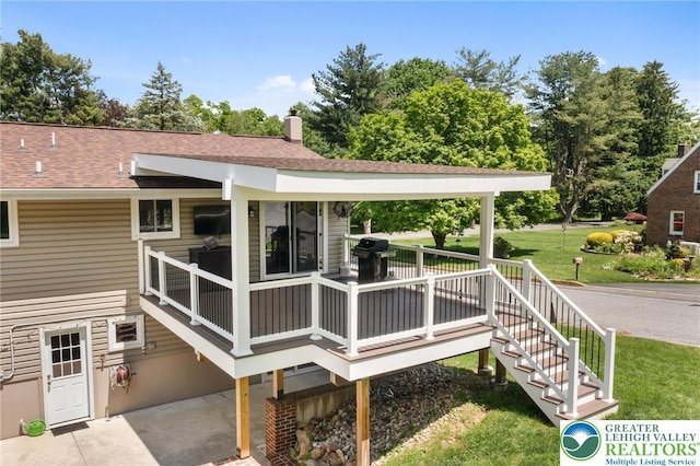 201 S 15th St, Emmaus Borough, PA 18049 - wooden terrace featuring a lawn, stairway, and grilling area