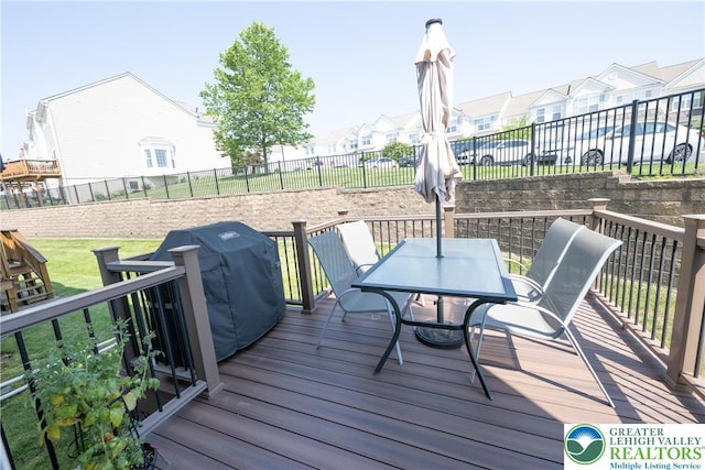 1838 Hemming Way S, Whitehall Twp, PA 18069 - wooden deck with outdoor dining space, a residential view, a fenced backyard, and a grill