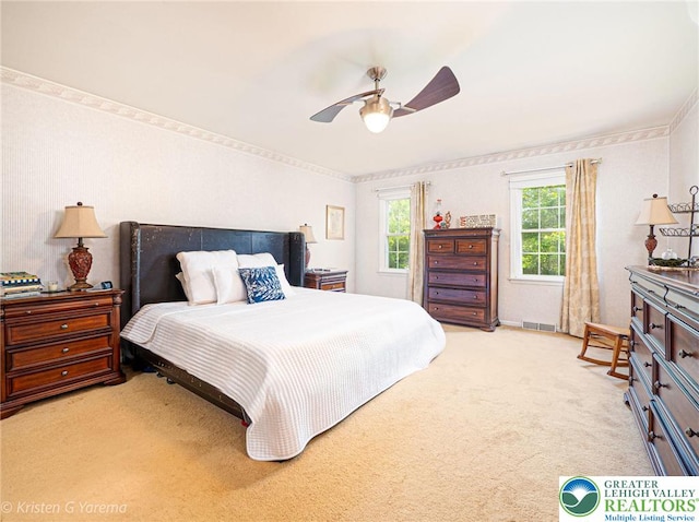 5054 Rainbow Ct, Lower Macungie Twp, PA 18106 - bedroom with light carpet, ornamental molding, and ceiling fan