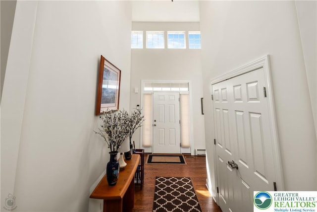 222 Danbury Dr, Bushkill Twp, PA 18064 - entrance foyer featuring a towering ceiling, dark wood-style flooring, and a baseboard radiator