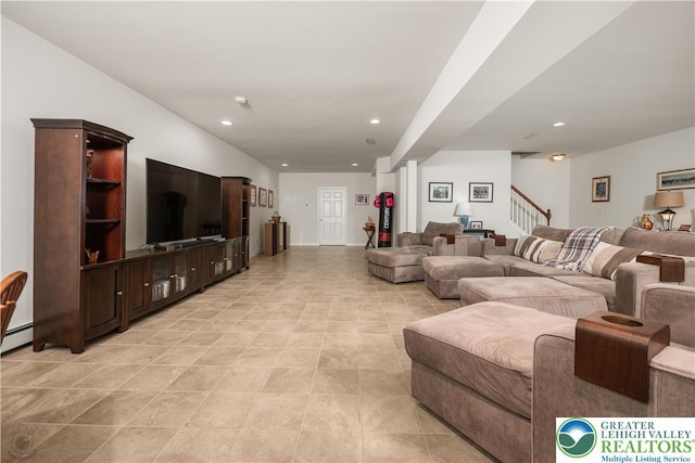 222 Danbury Dr, Bushkill Twp, PA 18064 - living area with stairs, recessed lighting, and light tile patterned floors