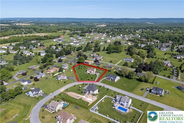 222 Danbury Dr, Bushkill Twp, PA 18064 - aerial view of property and surrounding area featuring property boundaries highlighted and nearby suburban area