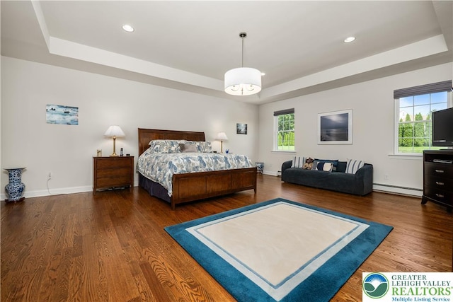 222 Danbury Dr, Bushkill Twp, PA 18064 - bedroom featuring a tray ceiling, baseboard heating, wood finished floors, and recessed lighting