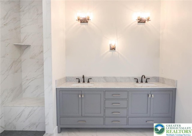 448 Long Lane Rd, Lehigh Twp, PA 18088 - full bathroom with marble look tiles, double vanity, and a marble finish shower