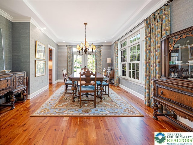 5355 Saucon Ridge Rd, Upper Saucon Twp, PA 18036 - dining room featuring a chandelier, baseboards, hardwood / wood-style flooring, ornamental molding, and wallpapered walls