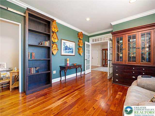 5355 Saucon Ridge Rd, Upper Saucon Twp, PA 18036 - living room featuring french doors, ornamental molding, wood finished floors, recessed lighting, and baseboards