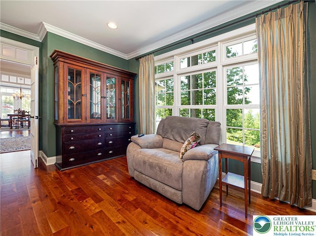 5355 Saucon Ridge Rd, Upper Saucon Twp, PA 18036 - living area featuring dark wood finished floors, ornamental molding, baseboards, and recessed lighting