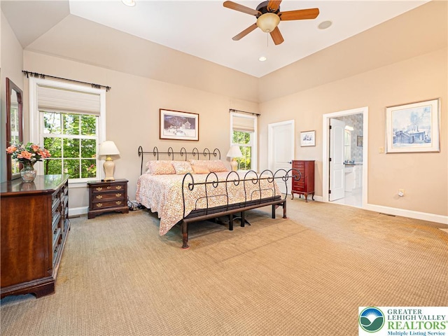 5355 Saucon Ridge Rd, Upper Saucon Twp, PA 18036 - bedroom with light colored carpet, baseboards, ensuite bathroom, and lofted ceiling