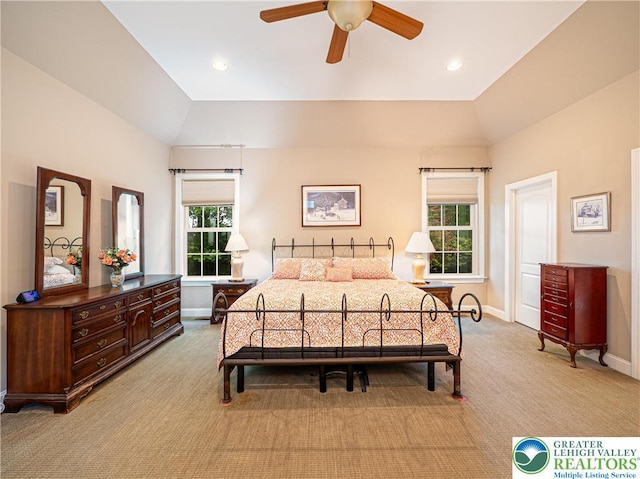5355 Saucon Ridge Rd, Upper Saucon Twp, PA 18036 - bedroom with light carpet, baseboards, lofted ceiling, recessed lighting, and ceiling fan