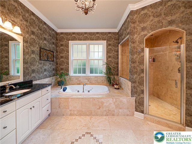 5355 Saucon Ridge Rd, Upper Saucon Twp, PA 18036 - full bathroom featuring vanity, crown molding, a bath, a shower stall, and a chandelier