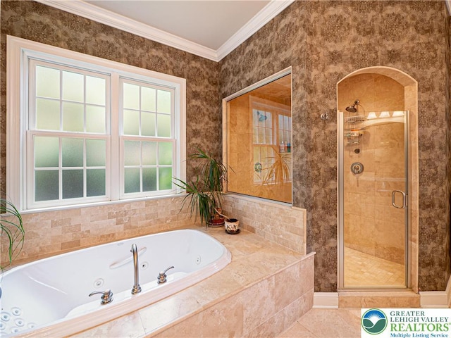 5355 Saucon Ridge Rd, Upper Saucon Twp, PA 18036 - bathroom featuring ornamental molding, a stall shower, a whirlpool tub, and tile patterned flooring