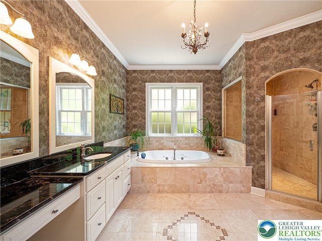 5355 Saucon Ridge Rd, Upper Saucon Twp, PA 18036 - full bathroom with crown molding, a bath, healthy amount of natural light, vanity, and a stall shower