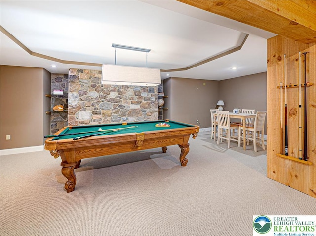 5355 Saucon Ridge Rd, Upper Saucon Twp, PA 18036 - playroom with carpet, baseboards, billiards table, a tray ceiling, and recessed lighting