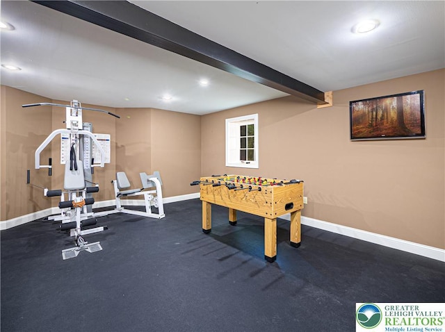 5355 Saucon Ridge Rd, Upper Saucon Twp, PA 18036 - recreation room with baseboards, recessed lighting, and beam ceiling