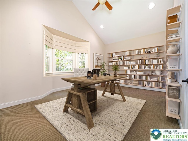 5355 Saucon Ridge Rd, Upper Saucon Twp, PA 18036 - office space featuring carpet, ceiling fan, high vaulted ceiling, recessed lighting, and baseboards