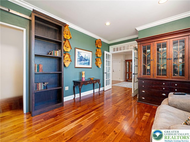 5355 Saucon Ridge Rd, Upper Saucon Twp, PA 18036 - living room featuring french doors, hardwood / wood-style flooring, crown molding, recessed lighting, and baseboards