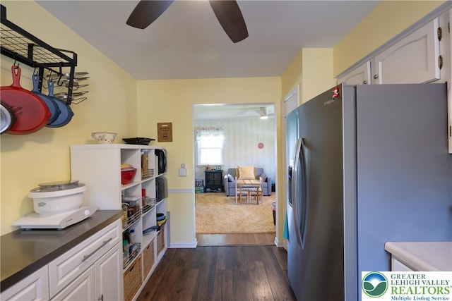 2765 Rolling Green Pl, Lower Macungie Twp, PA 18062 - kitchen featuring stainless steel refrigerator with ice dispenser, a ceiling fan, dark wood-type flooring, and white cabinets