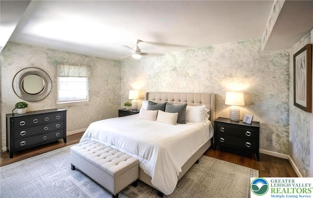 2765 Rolling Green Pl, Lower Macungie Twp, PA 18062 - bedroom with wood finished floors, wallpapered walls, baseboards, and a ceiling fan