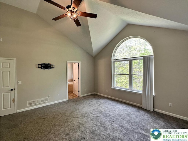 7190 Rimrock Dr, Coolbaugh Twp, PA 18466 - carpeted empty room featuring ceiling fan, baseboards, and high vaulted ceiling