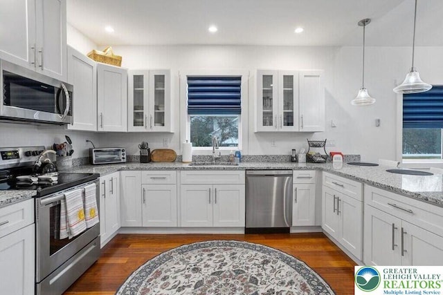 22 Petrarch Trl, Penn Forest Twp, PA 18210 - kitchen featuring appliances with stainless steel finishes, a sink, healthy amount of natural light, white cabinets, and recessed lighting