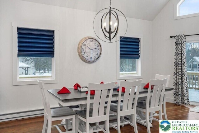 22 Petrarch Trl, Penn Forest Twp, PA 18210 - dining space featuring a chandelier, wood finished floors, and lofted ceiling
