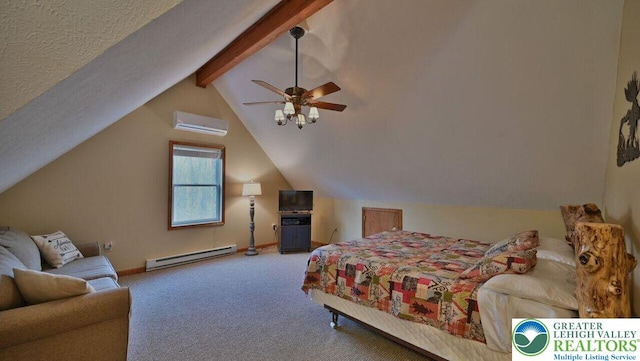 97 Lucretius Trl, Penn Forest Twp, PA 18210 - carpeted bedroom with a baseboard radiator, a wall mounted air conditioner, baseboards, and ceiling fan