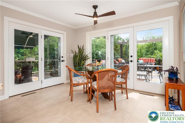 1560 Surrey Rd, Lower Saucon Twp, PA 18015 - dining room with french doors, a ceiling fan, crown molding, and light tile patterned floors