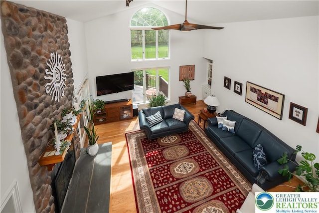 1560 Surrey Rd, Lower Saucon Twp, PA 18015 - living room featuring plenty of natural light, wood finished floors, ceiling fan, and high vaulted ceiling